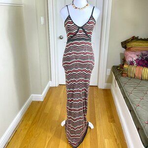 Y2K Knit Dress Maxi Orange Brown Metallic Striped (S)